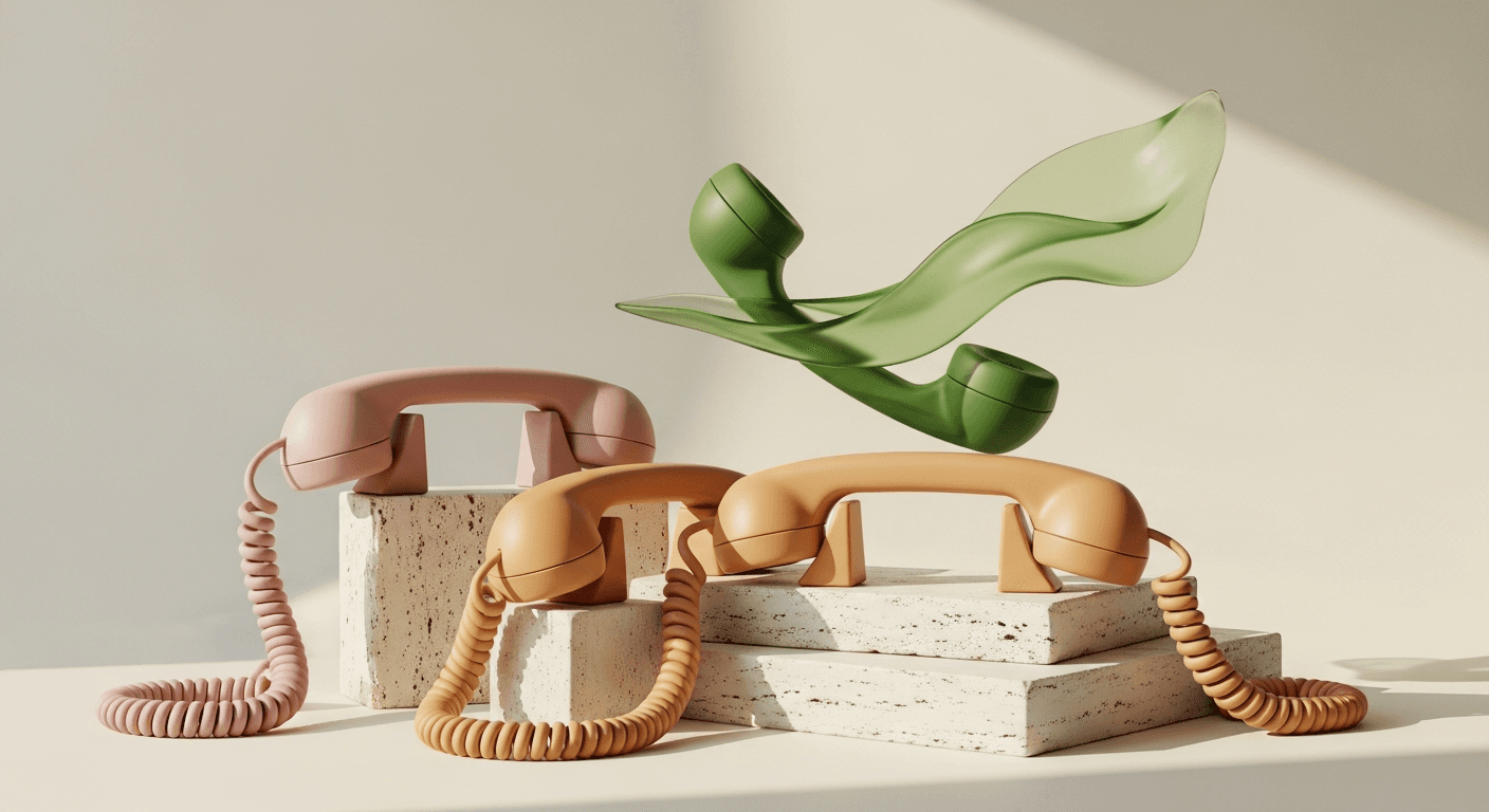 Drei minimalistische Telefonhörer aus Keramik in Rosa, Pfirsich und Grün stehen auf einem Display aus Travertin