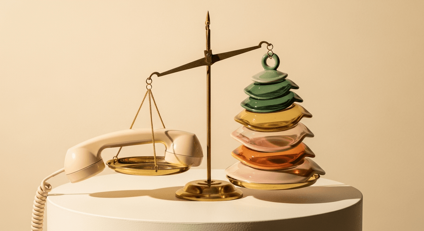 A beige telephone handset and a stack of colorful ceramic dishes sit on a brass balance scale