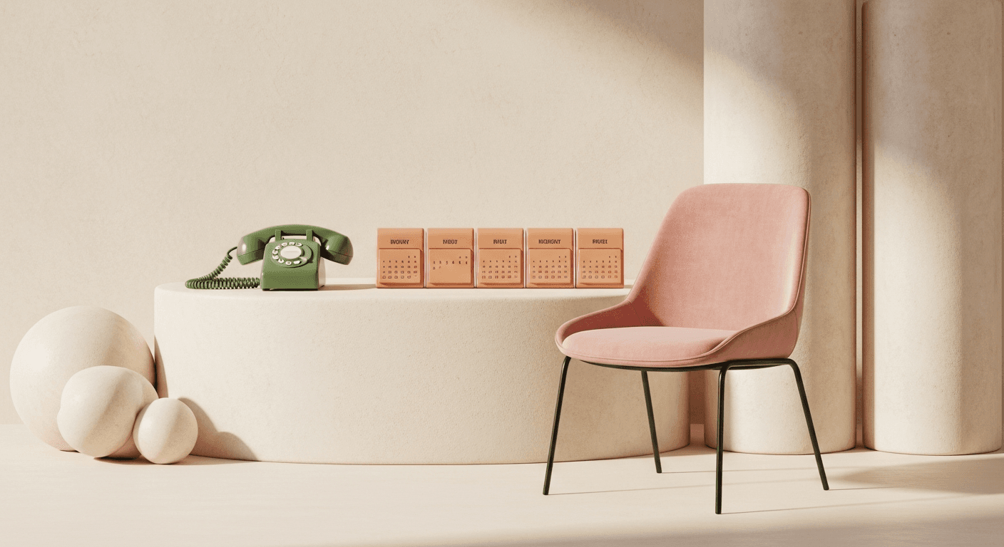 Un téléphone à cadran vert olive, de petits calendriers et une chaise rose sur un fond beige chaleureux
