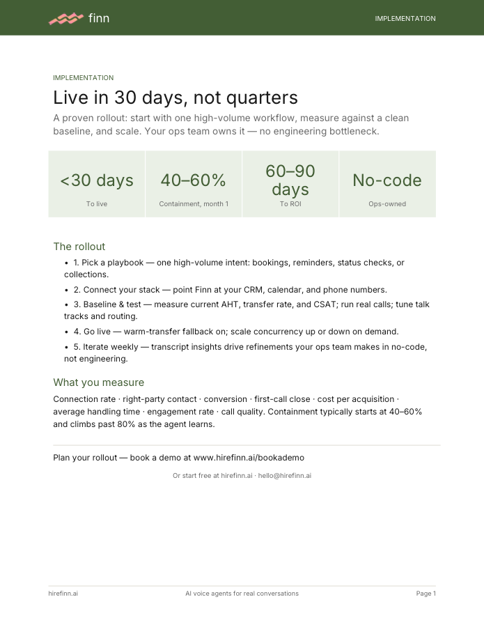Live in 30 days — implementation one-pager
