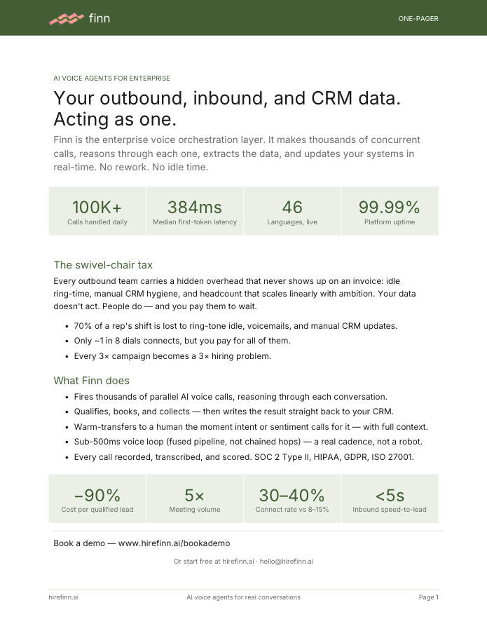 Finn — AI voice agents for enterprise (one-pager)
