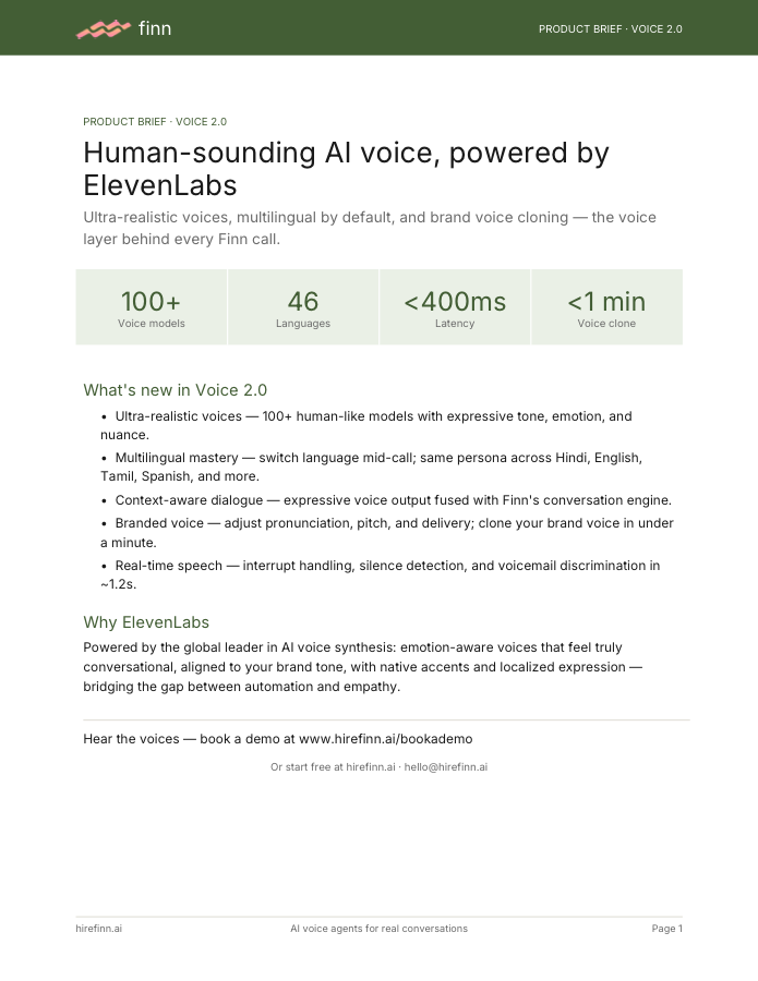 Voice 2.0 — human-sounding AI voice, powered by ElevenLabs